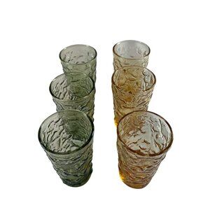 Vintage Anchor Hocking Drinking Glasses, Set of Six, 3 Avocado Green, 3 Amber
